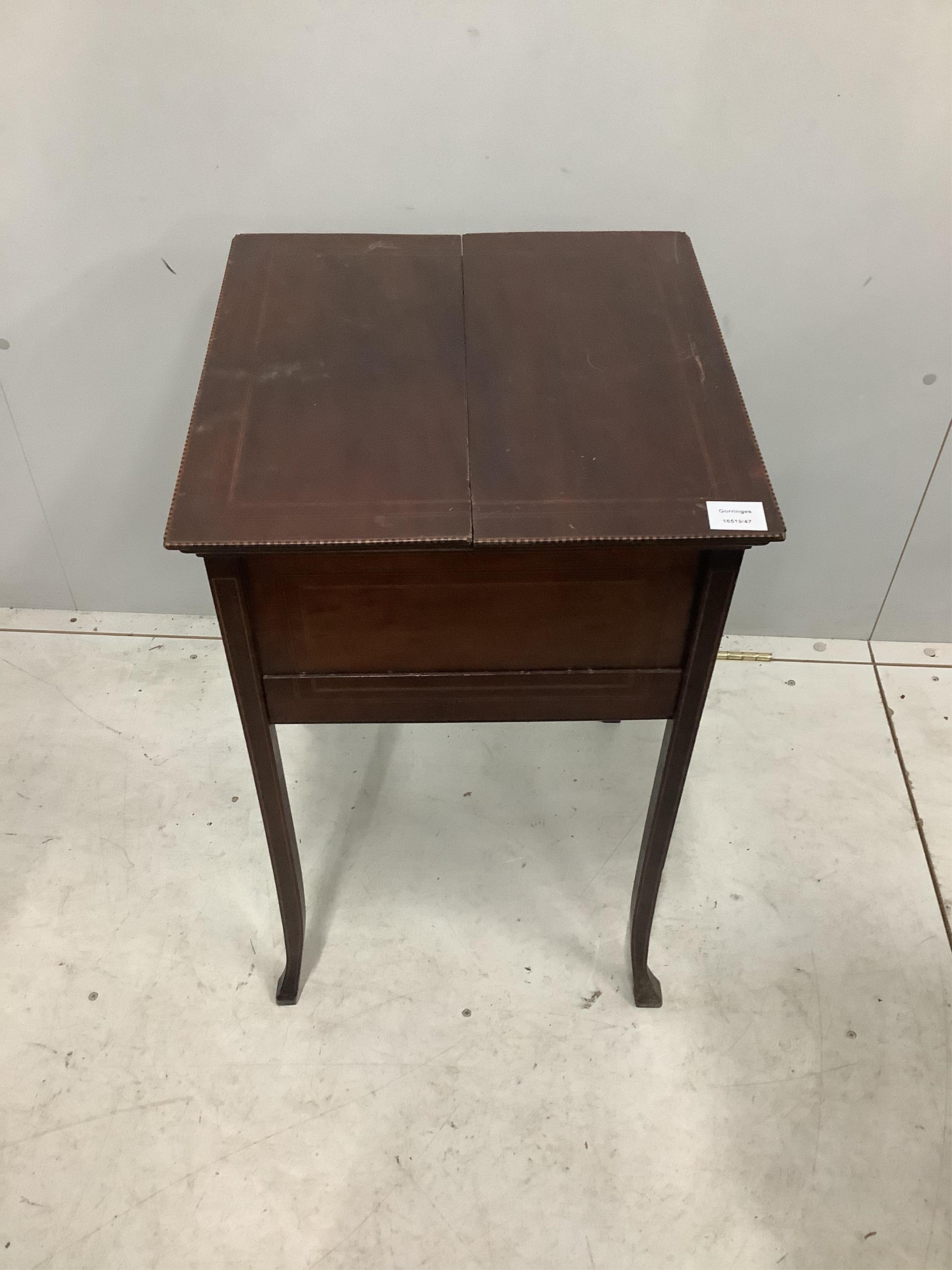 An Edwardian inlaid mahogany work table, width 45cm, depth 46cm, height 72cm. Condition - poor to fair